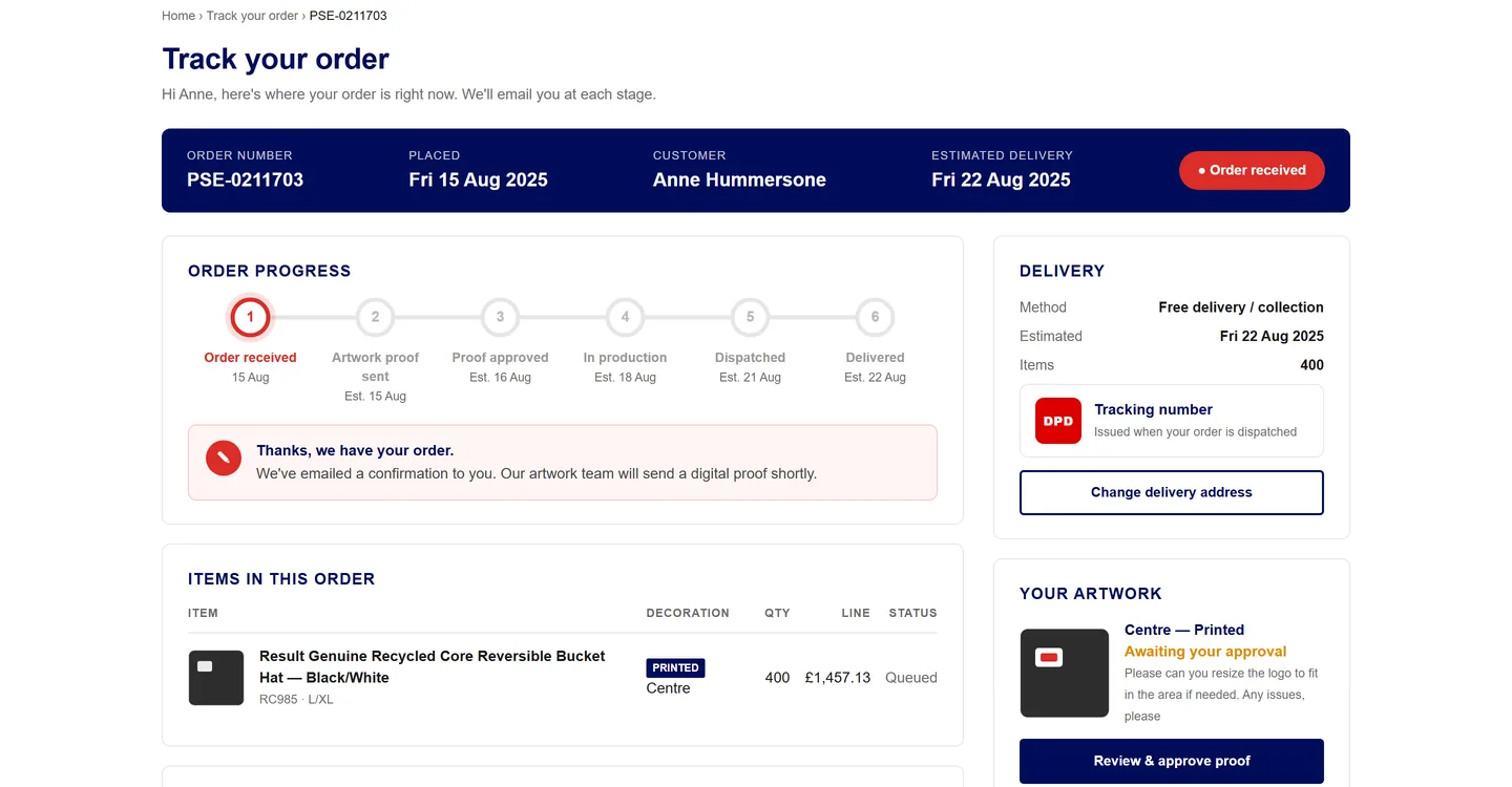 Customer tracking page at stage 1, order received