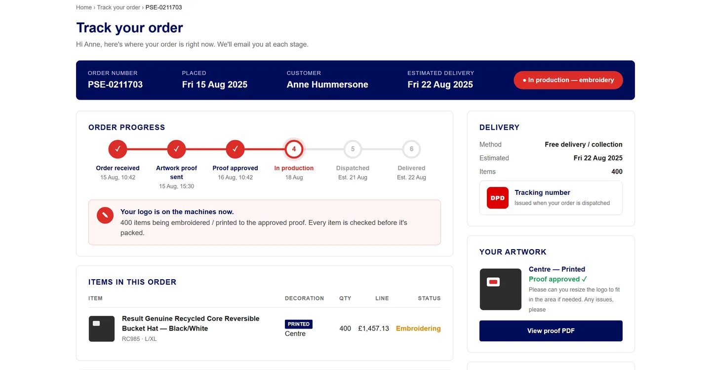 Customer tracking page at stage 4, in production